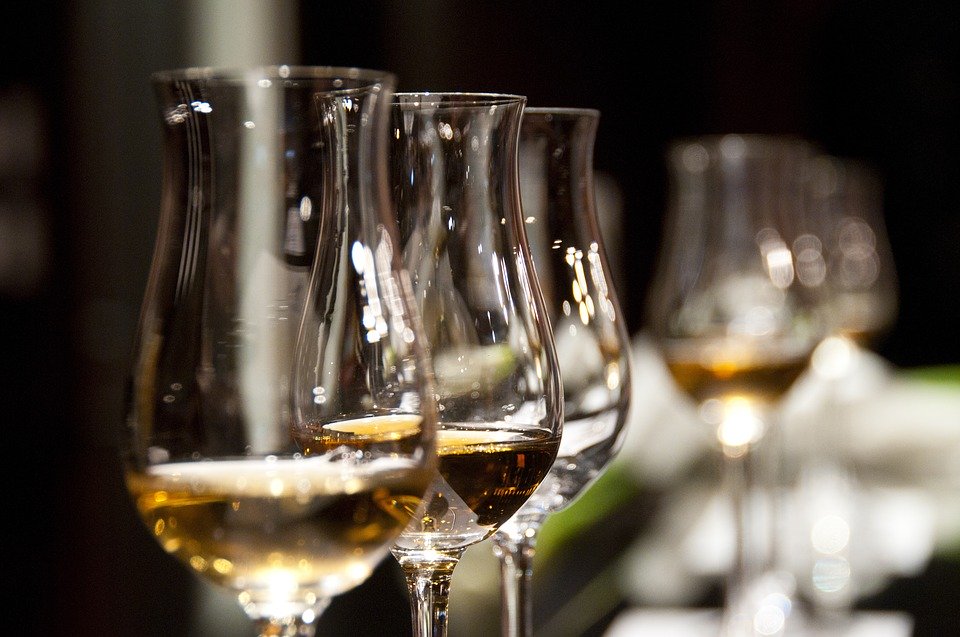 wine glasses lined up on a table for a wine tasting.